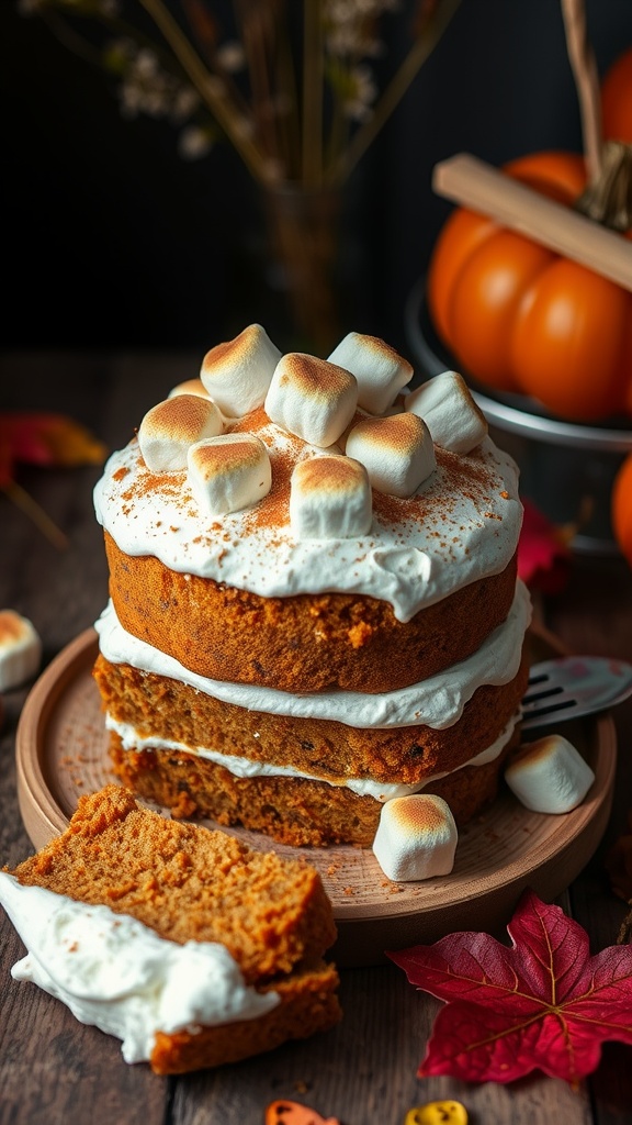 A layered sweet potato cake with marshmallow frosting, garnished with toasted marshmallows and cinnamon, on a wooden table.